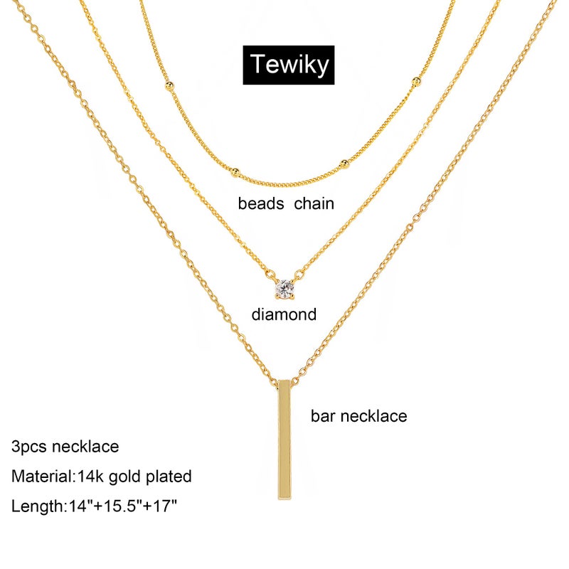 Tewiky Dainty Layered 14k Gold Plated Necklaces for Women, Satellite Cubic Zirconia Bar Multi Layered Accessories Trendy Handmade Chain Necklaces Fashion Gifts - Image 5