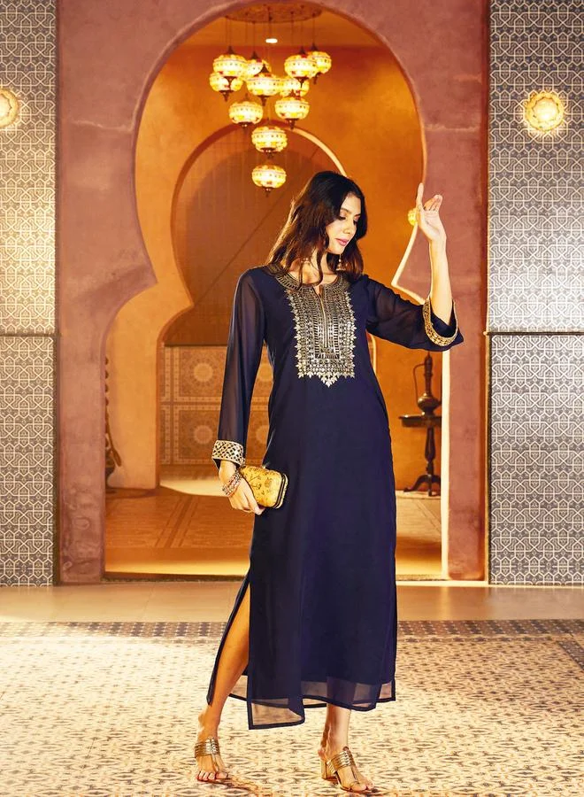ساسافراس Navy Blue Embroidered Neck Abaya Dress