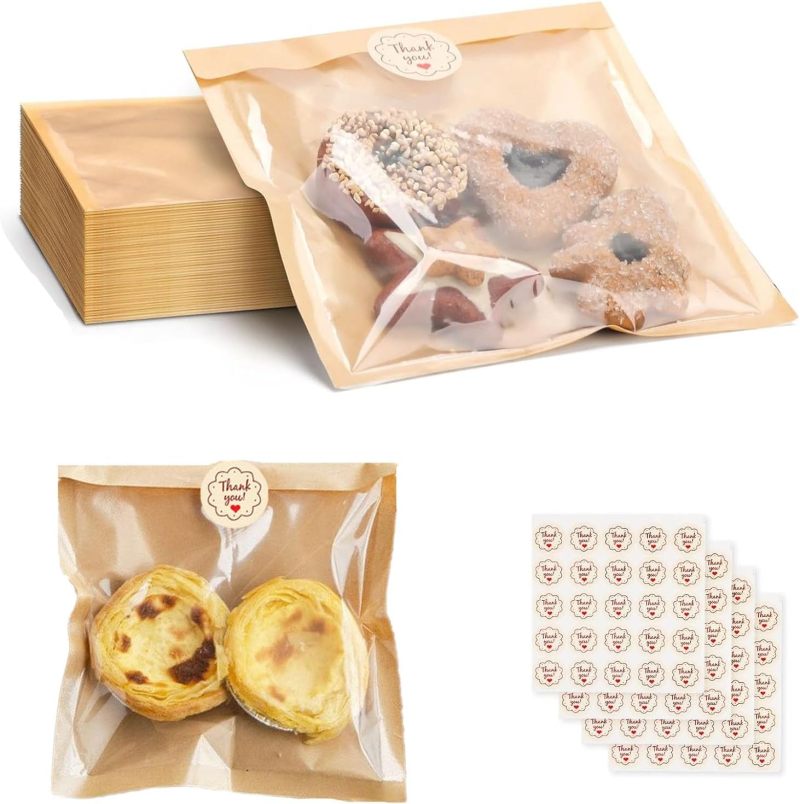 Window Bakery Bags: 100 Count Food-Grade Kraft Paper With Oil-Resistant Layer - Heat-Sealable Or Sticker Closure, Clear Display Window For Baked Goods, Cookies, Bread For Home Bakeries, Cafes, Events - Image 2
