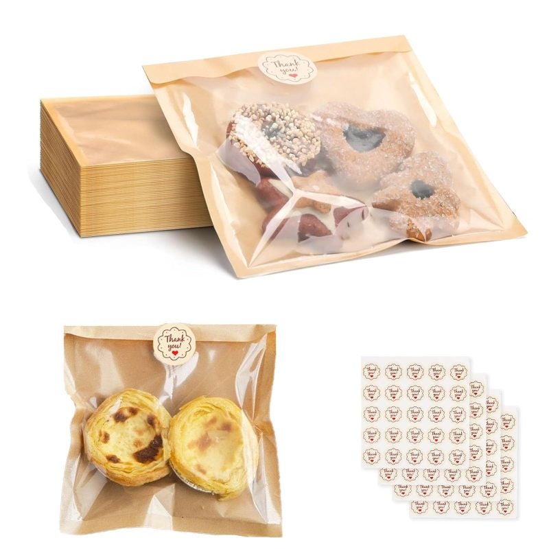 Window Bakery Bags: 100 Count Food-Grade Kraft Paper With Oil-Resistant Layer - Heat-Sealable Or Sticker Closure, Clear Display Window For Baked Goods, Cookies, Bread For Home Bakeries, Cafes, Events - Image 1