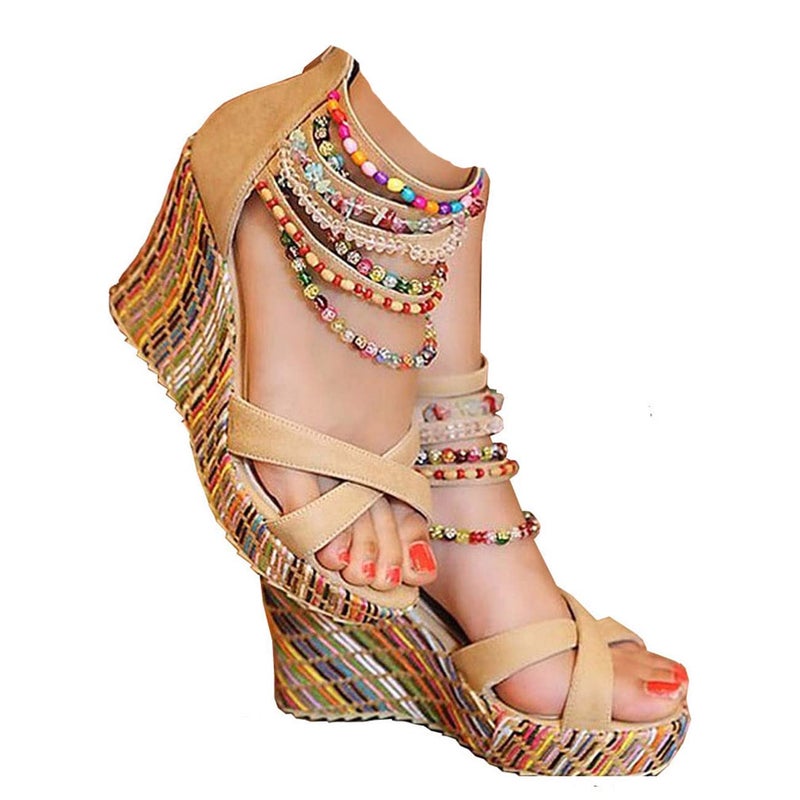 getmorebeauty Women's Wedge Sandals With Pearls Across The Top Platform Sandals High Heels (Beige US8.5) - Image 1