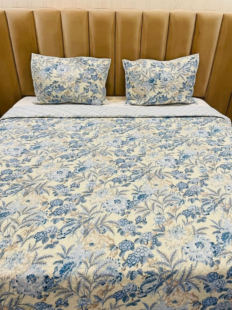 KitchDeco Kitch Deco 100 Glace Cotton Luxury 1 Reversible Double Bed Quilted Contrast Bedcover with Quilted 2 Pillow Covers Light Blue Flower  - Image 1