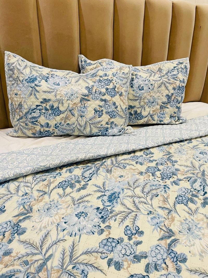KitchDeco Kitch Deco 100 Glace Cotton Luxury 1 Reversible Double Bed Quilted Contrast Bedcover with Quilted 2 Pillow Covers Light Blue Flower  - Image 3
