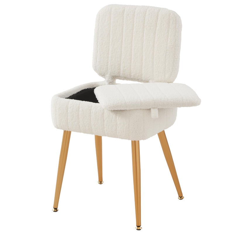 ZYKZYK Updated Vanity Chair, Storage Ottoman with Folding Back & Gold-Toned Metal Legs, Ottoman Seat with Teddy Velvet for Dressing Room Living Room Bedroom, 16" x 12.5" Inch - Image 1