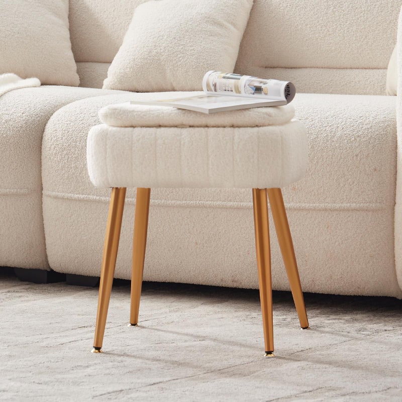 ZYKZYK Updated Vanity Chair, Storage Ottoman with Folding Back & Gold-Toned Metal Legs, Ottoman Seat with Teddy Velvet for Dressing Room Living Room Bedroom, 16" x 12.5" Inch - Image 5