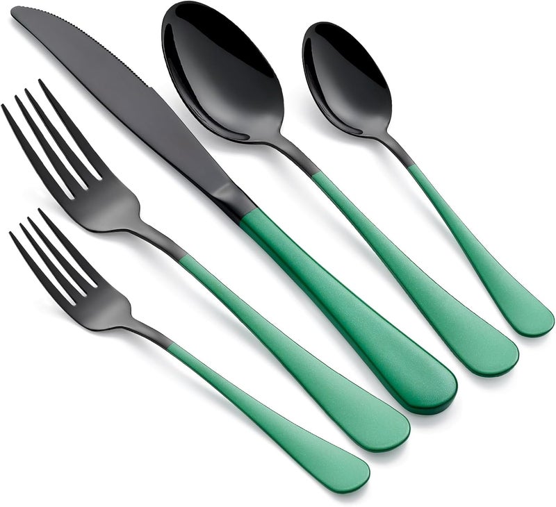 Onlycooker 20Piece Green Silverware Set  180 Stainless Steel Black Silverware Set With Green Handles  Dinner Knives Forks Spoons  Dishwasher Safe - Image 1