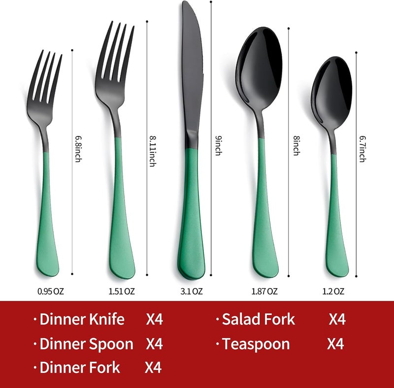 Onlycooker 20Piece Green Silverware Set  180 Stainless Steel Black Silverware Set With Green Handles  Dinner Knives Forks Spoons  Dishwasher Safe - Image 2