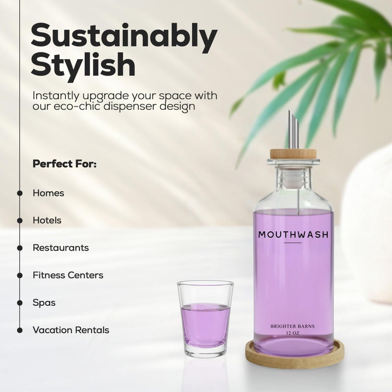 Brighter Barns Glass Mouthwash Dispenser for Bathroom by Brighter Barns - Refillable Mouthwash Container with Glass Cup and Bamboo Tray - Mouth Wash Dispensers for Bathroom Sink, Home Decor, Airbnb, Office (Clear) - Image 3