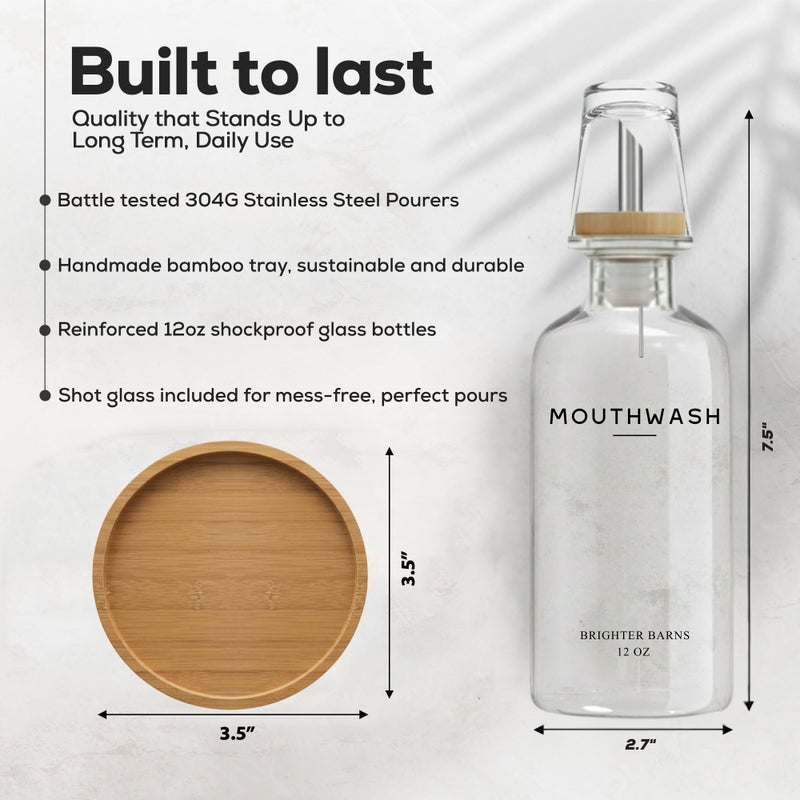 Brighter Barns Glass Mouthwash Dispenser for Bathroom by Brighter Barns - Refillable Mouthwash Container with Glass Cup and Bamboo Tray - Mouth Wash Dispensers for Bathroom Sink, Home Decor, Airbnb, Office (Clear) - Image 2