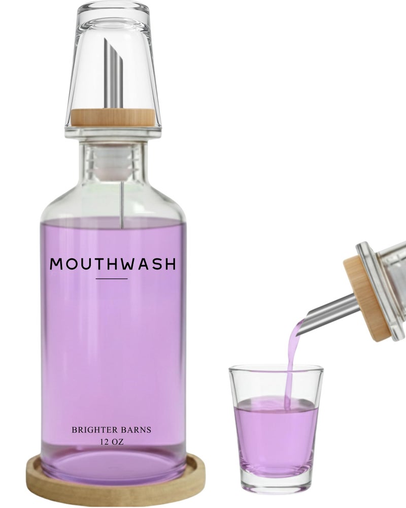 Brighter Barns Glass Mouthwash Dispenser for Bathroom by Brighter Barns - Refillable Mouthwash Container with Glass Cup and Bamboo Tray - Mouth Wash Dispensers for Bathroom Sink, Home Decor, Airbnb, Office (Clear) - Image 1