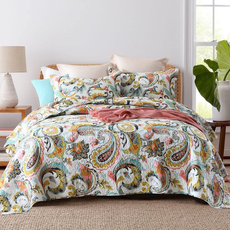 VISIMISI Cotton Bedspread Quilt Sets Reversible Bedding Coverlet Sets Comforter Paisley Floral Bedspread White Paisley Floral Queen Size
