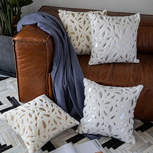 OMMATO Decorative Pillow Covers 18x18 Inch Throw Pillow Covers Couch Pillows for Living Room Sofa Farmhouse Boho Modern Accent Throw Pillows Bed Home Decor Set of 2 White Fur with Silver Leaves - Image 4