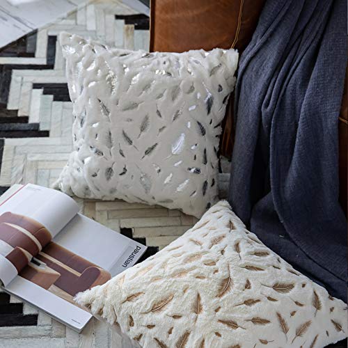 OMMATO Decorative Pillow Covers 18x18 Inch Throw Pillow Covers Couch Pillows for Living Room Sofa Farmhouse Boho Modern Accent Throw Pillows Bed Home Decor Set of 2 White Fur with Silver Leaves - Image 3