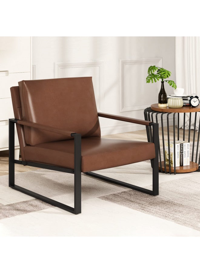 AWQM Modern PU Leather Accent Chair Arm Chair with Extra-Thick Padded Backrest and Seat Cushion Sofa Chairs for Living Room Bedroom, 105 Degree Slant Back, Non-Slip Adsorption Feet, Brown - Image 1