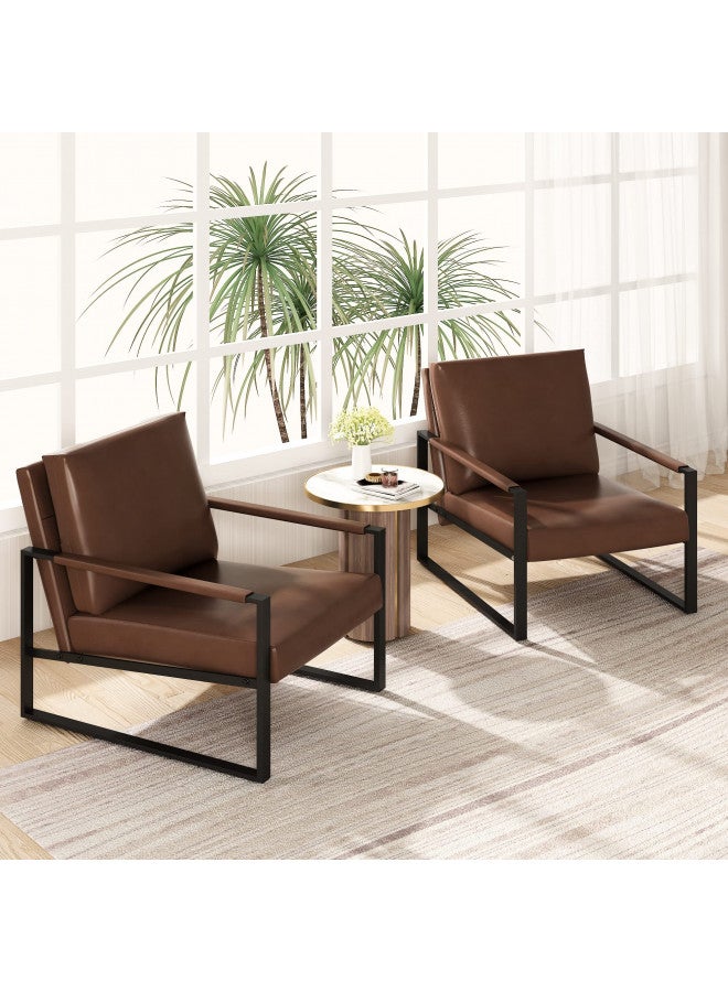 AWQM Modern PU Leather Accent Chair Arm Chair with Extra-Thick Padded Backrest and Seat Cushion Sofa Chairs for Living Room Bedroom, 105 Degree Slant Back, Non-Slip Adsorption Feet, Brown - Image 2