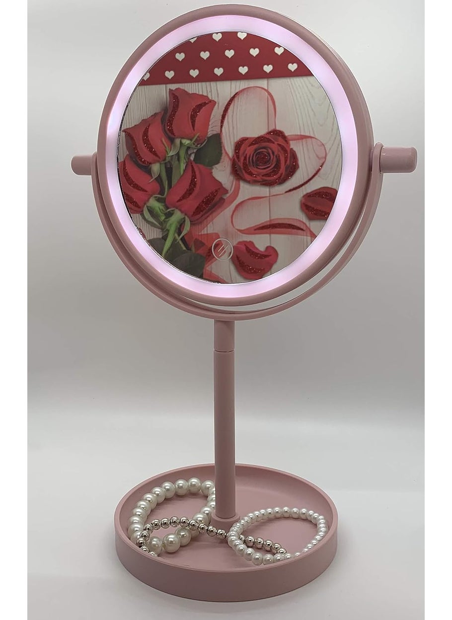 Vanity TAZZ Personal Pink Tabletop Swivel Vanity Beauty Makeup Mirror with LED Lighting and Jewelry Makeup Tray for Bathroom Bedroom Dressing Table Desk Night Light Travel 