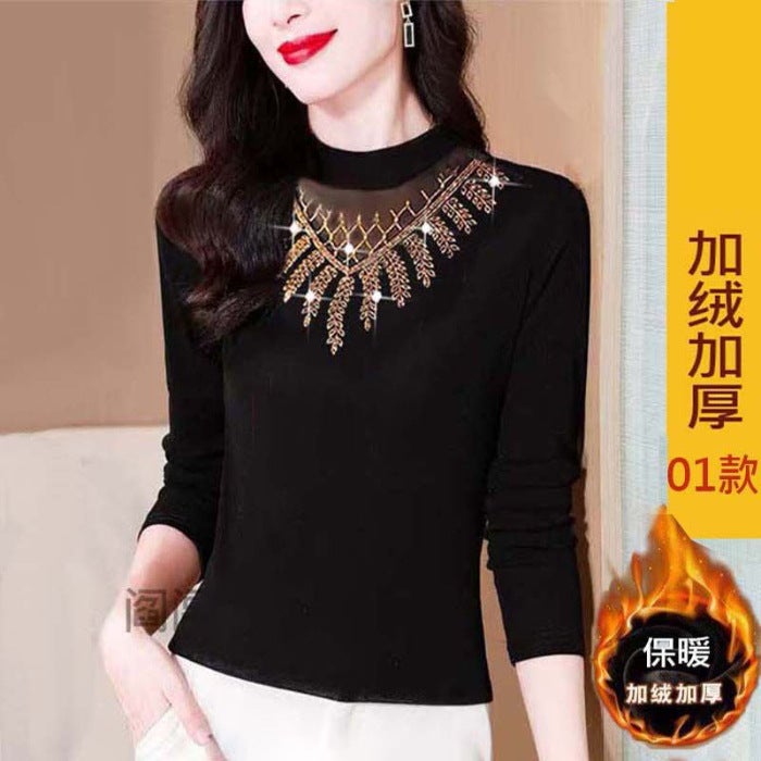 40-150Kg Extra Large Stretch Outerwear, Full Body Velvet Bottoming Shirt, Thickened Warm Top With Lace And Diamonds - Image 1