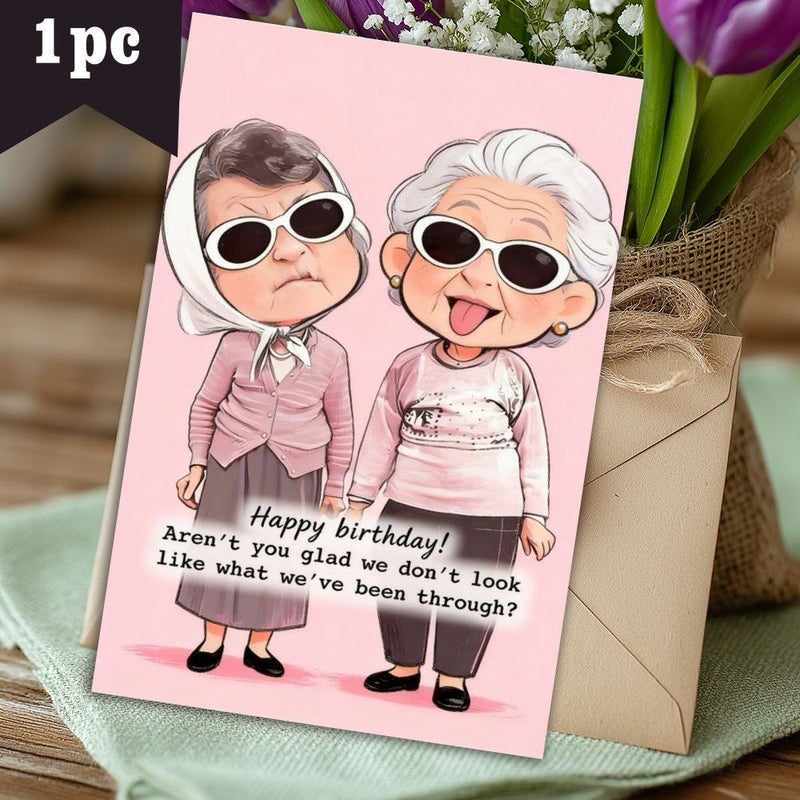 بطاقة عيد ميلاد جميلة وممتعة مع ظرف، تصميم أنيق للسيدات المسنات بنظارات عصرية، طابع مرِح، مناسبة للأصدقاء والعائلة، مناسبة للأعمار 20، 21، 30، قطعة واحدة. - Image 1