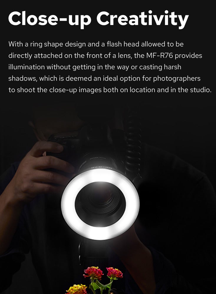 Godox MF-R76 Universal Macro Ring Flash Light GN14 10 Levels Adjustable Brightness with 8pcs Adapter Ring Large Capacity Battery Replacement for Canon Nikon Sony Fuji Olympus Panasonic Pentax DSLR Camera - Image 5