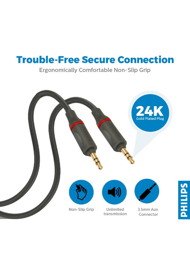 Philips 3.5mm Aux Audio Cable - 1.5m Length, 24K Gold-Plated Connectors, 5000+ Bend Lifespan, High-Purity Copper, Universal Compatibility for Car, Speaker, Smartphone & Headphones - grey - Image 4