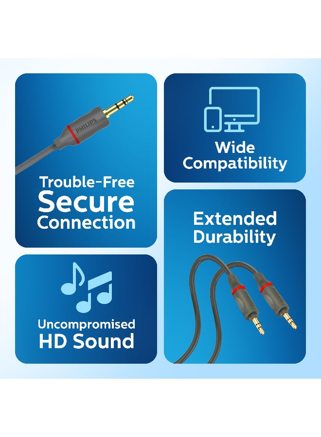Philips 3.5mm Aux Audio Cable - 1.5m Length, 24K Gold-Plated Connectors, 5000+ Bend Lifespan, High-Purity Copper, Universal Compatibility for Car, Speaker, Smartphone & Headphones - grey - Image 2
