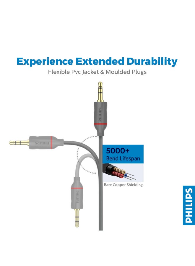 Philips 3.5mm Aux Audio Cable - 1.5m Length, 24K Gold-Plated Connectors, 5000+ Bend Lifespan, High-Purity Copper, Universal Compatibility for Car, Speaker, Smartphone & Headphones - grey - Image 5