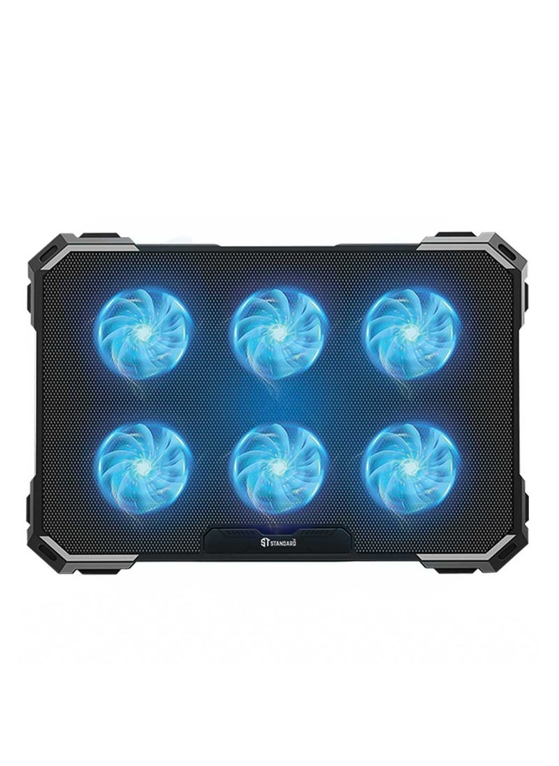 ماركة غير محددة - مبرد لابتوب ST ICE-06N مع 6 مراوح وتصميم قابل للتعديل - مزود بإضاءة LED ومنافذ USB إضافية - يناسب أجهزة اللابتوب حتى 17 بوصة-اسود - Image 1