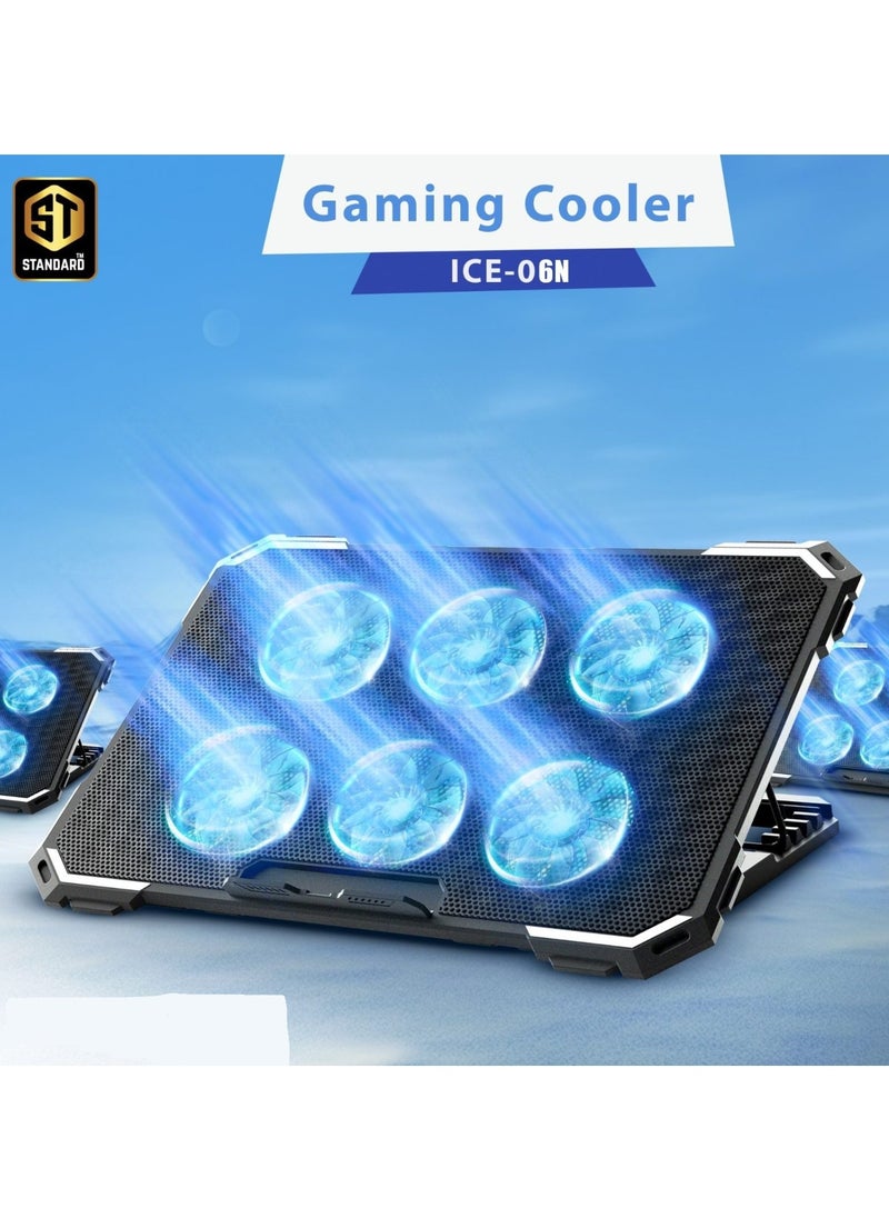 ماركة غير محددة - مبرد لابتوب ST ICE-06N مع 6 مراوح وتصميم قابل للتعديل - مزود بإضاءة LED ومنافذ USB إضافية - يناسب أجهزة اللابتوب حتى 17 بوصة-اسود - Image 1