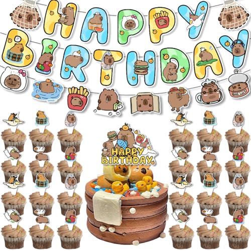 Geluode Capybara Party Decorations Set Cute Capybara Theme Party Supplies Include Capybara Happy Birthday Banner Capybara Banner Cake Cupcake Toppers for Kids Boys Girls Birthday Party Supplies - Image 1