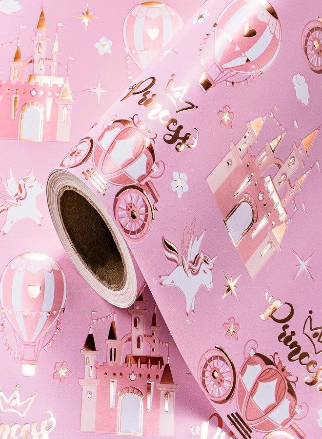 WRAPAHOLIC Princess Wrapping Paper Roll - Mini Roll - 17 Inch x 16.5 Feet - Carriage Castle Pink Wrapping Paper with Pink Foil Design Perfect for Kids Girls Birthday, Baby Shower, Princess Party - Image 1