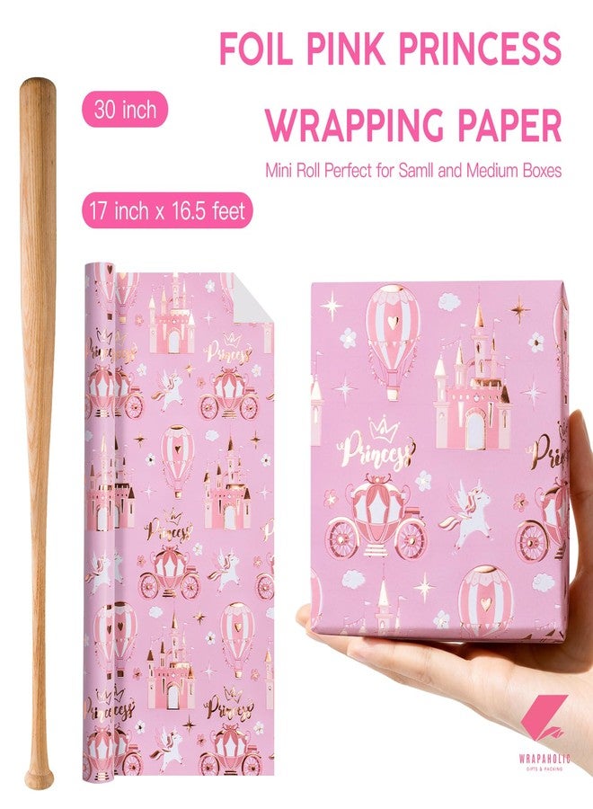WRAPAHOLIC Princess Wrapping Paper Roll - Mini Roll - 17 Inch x 16.5 Feet - Carriage Castle Pink Wrapping Paper with Pink Foil Design Perfect for Kids Girls Birthday, Baby Shower, Princess Party - Image 3