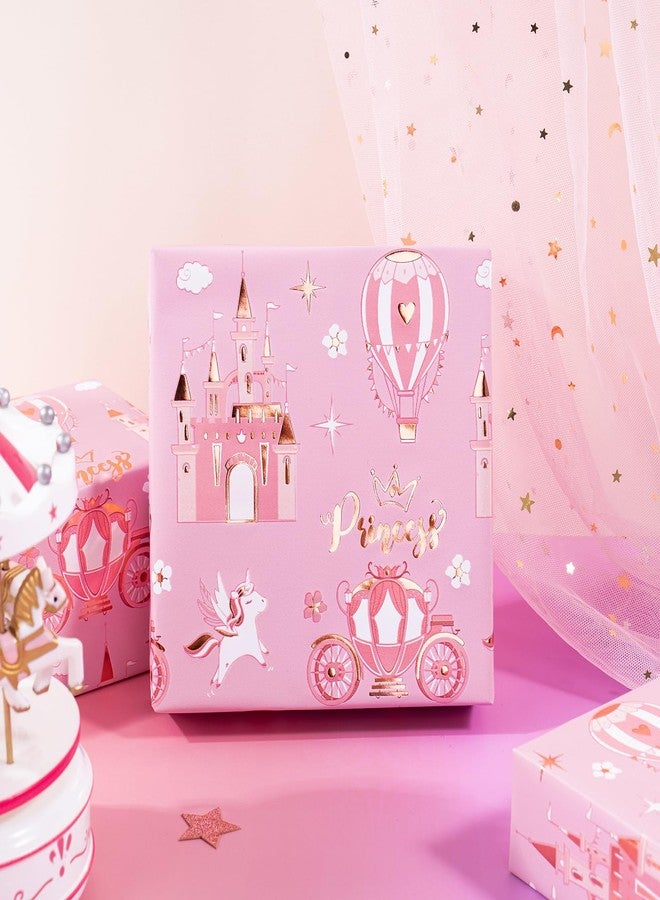 WRAPAHOLIC Princess Wrapping Paper Roll - Mini Roll - 17 Inch x 16.5 Feet - Carriage Castle Pink Wrapping Paper with Pink Foil Design Perfect for Kids Girls Birthday, Baby Shower, Princess Party - Image 5