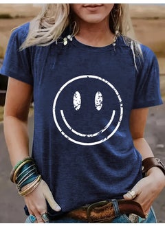 Generic Summer Womens Casual Short Sleeve round Neck Smiley Face Pattern T-shirt Fashionable Street Style Polyester Blend Top flower orange  - Image 4