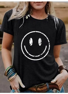 Generic Summer Womens Casual Short Sleeve round Neck Smiley Face Pattern T-shirt Fashionable Street Style Polyester Blend Top flower orange  - Image 3