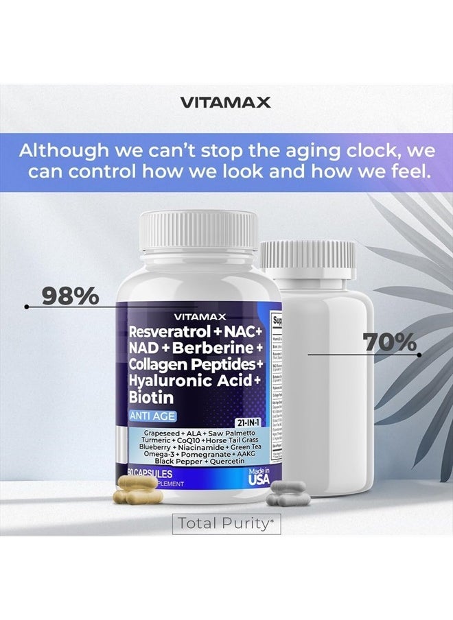 Vitamax - Resveratrol+ NAC+ NAD+ Berberine+ Collagen Peptides+ Hyaluronic Acid+ Biotin, 60 Capsules - Image 1