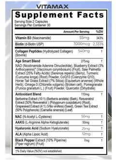 Vitamax Resveratrol+ NAC+ NAD+ Berberine+ Collagen Peptides+ Hyaluronic Acid+ Biotin, 60 Capsules  - Image 2