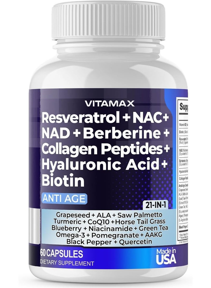 Vitamax Resveratrol+ NAC+ NAD+ Berberine+ Collagen Peptides+ Hyaluronic Acid+ Biotin, 60 Capsules - Image 1
