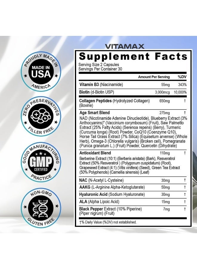 Vitamax Resveratrol+ NAC+ NAD+ Berberine+ Collagen Peptides+ Hyaluronic Acid+ Biotin, 60 Capsules - Image 2
