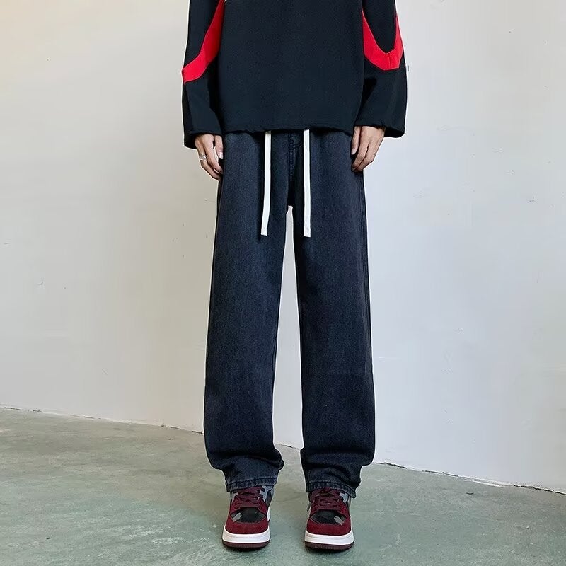 American Style Drawstring Loose Waist Jeans Boys 2024 New Autumn New Loose Straight Slim Look Wide Leg Pants 5081 blue - Image 5