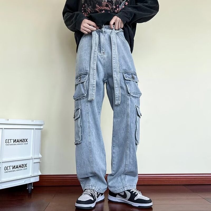 American Style Drawstring Loose Waist Jeans Boys 2024 New Autumn New Loose Straight Slim Look Wide Leg Pants 5081 blue - Image 1