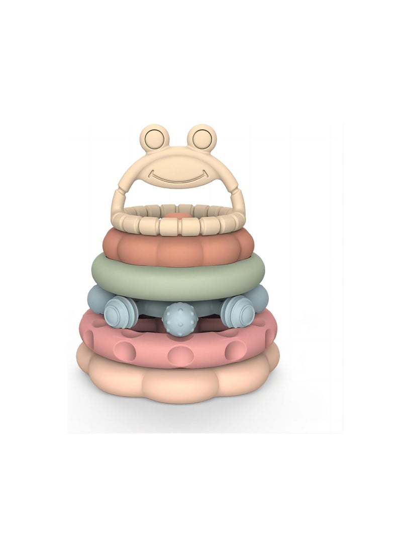 Baby Stacking Ring Toy, Silicone Soft Teething Toy Nesting Ring Toy 6 Pieces Frog Learning Tower for Babies 6+ Months, Good Toddler Building Blocks, Soft Bath Toy, 1-3 Years Old  - Image 1