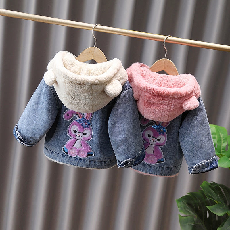 Girls' Denim Coat 2022 New Korean Style Fleece-Lined Thickened Children'S Dress Girls' Winter Western Style Top - Image 4