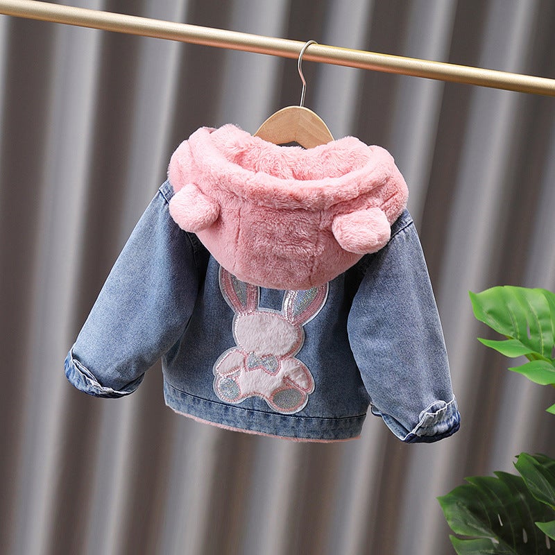 Girls' Denim Coat 2022 New Korean Style Fleece-Lined Thickened Children'S Dress Girls' Winter Western Style Top - Image 1