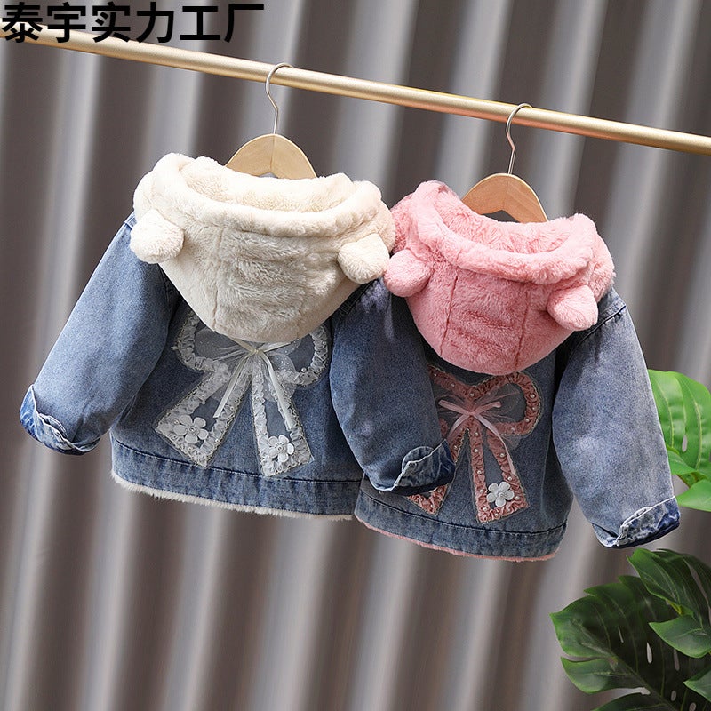 Girls' Denim Coat 2022 New Korean Style Fleece-Lined Thickened Children'S Dress Girls' Winter Western Style Top - Image 2