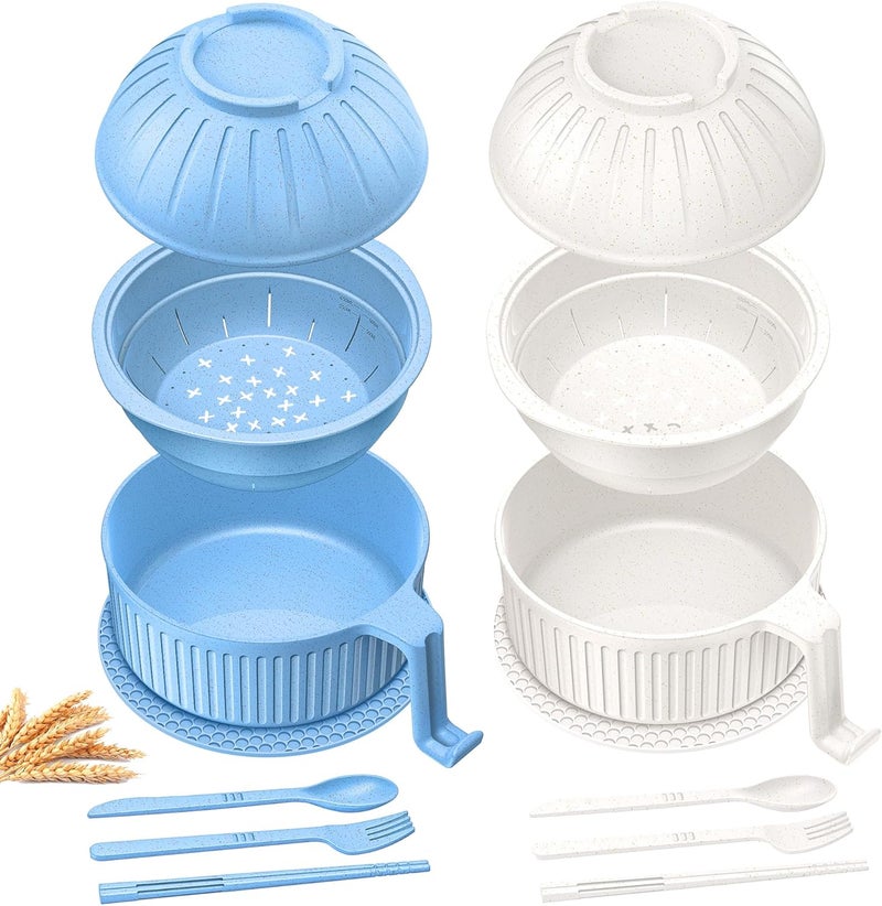 Beiyunee Ramen Bowl with Handles, 2 Set Wheat Fiber Ramen Cooker Microwave with Strainer, 34oz Noodle Bowl with Pot Mat Spoon Chopsticks Fork for Home, School, Office, Dorm, Picnic or Gift - Image 1