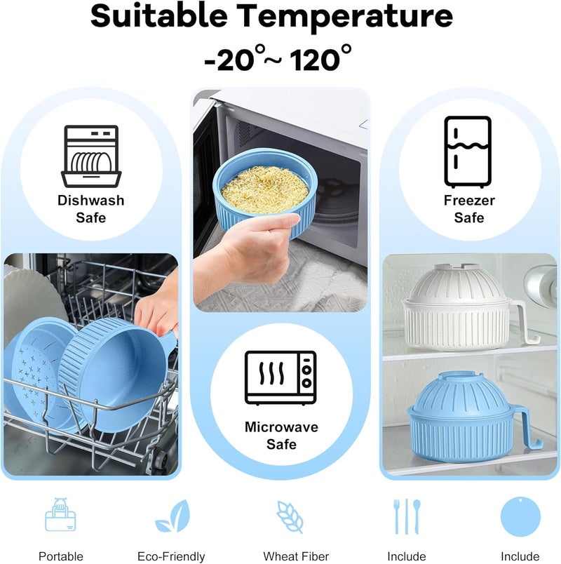 Beiyunee Ramen Bowl with Handles, 2 Set Wheat Fiber Ramen Cooker Microwave with Strainer, 34oz Noodle Bowl with Pot Mat Spoon Chopsticks Fork for Home, School, Office, Dorm, Picnic or Gift - Image 3