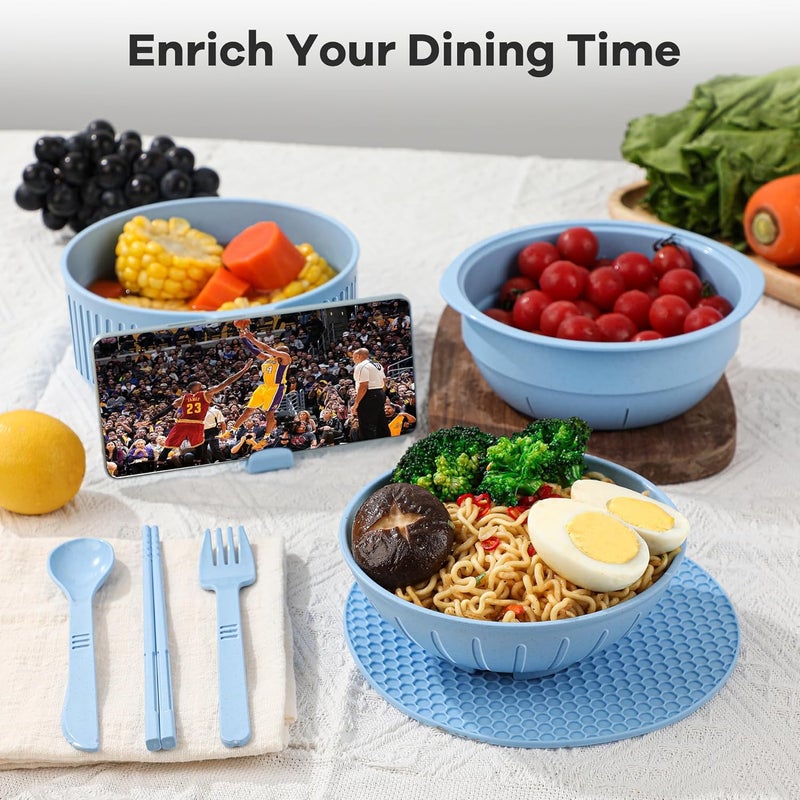 Beiyunee Ramen Bowl with Handles, 2 Set Wheat Fiber Ramen Cooker Microwave with Strainer, 34oz Noodle Bowl with Pot Mat Spoon Chopsticks Fork for Home, School, Office, Dorm, Picnic or Gift - Image 5