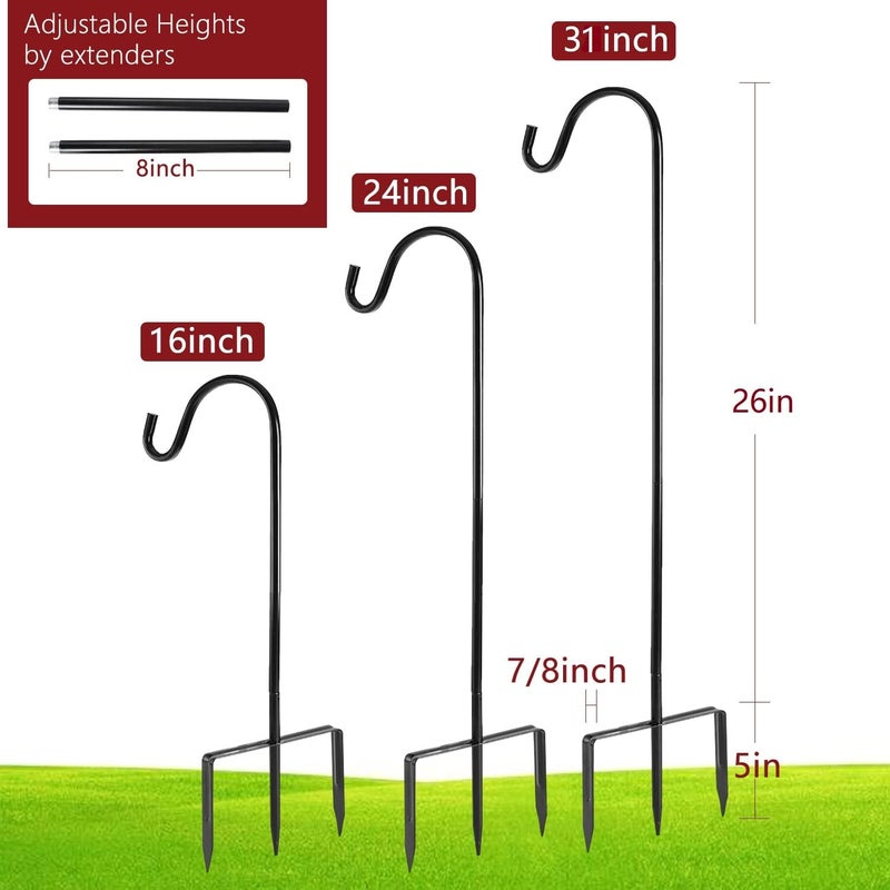 EXCMARK 2 Pack Shepherd Hook Adjustable Height 31/24/16’’ 1/2 inch Thick Use at Weddings, Hanging Solar Lights, Lanterns, Bird Feeders, Metal Hanger Hook (Black, 31 inch). U.S. Patent. - Image 3