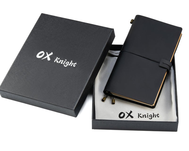 Ox Knight Leather Travelers Notebook, 8.6'' x 4.6'', Refillable Vintage Travel Journal, Handmade Leather Journal with Kraft Folder, and 3 Inserts (Black) - Image 2