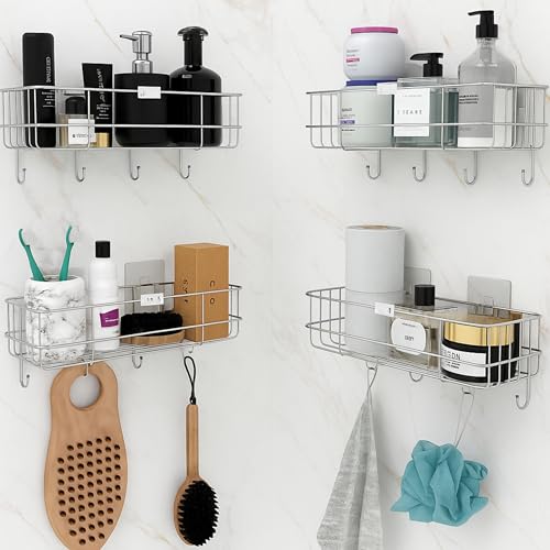 Boniry 4 Pcs Stainless Steel Bathroom Shelf for Wall | Self Adhesive Bathroom Organiser | 4 Hooks for Towel Holder | Space-Saving Wall Mounted Bathroom Shelf with Elegant Design (Silver) - Image 1